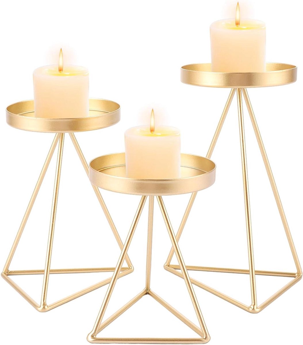 Cosensi - Metalen set van 3 kandelaars voor stompkaarsen in goudkleur - Vintage kaarsenstandaard voor tafeldecoratie bruiloft.