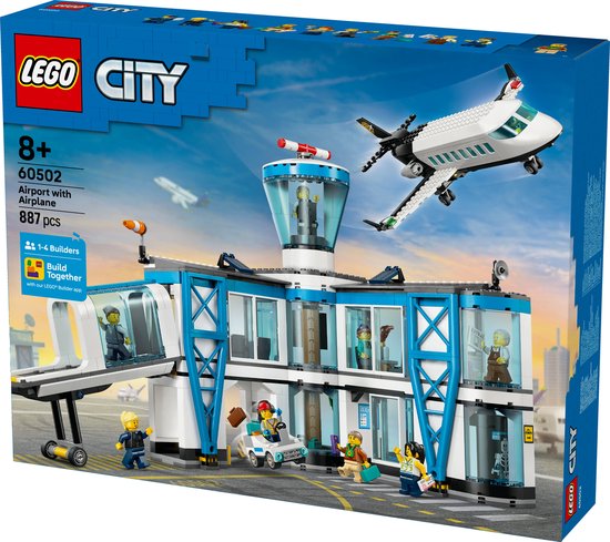 LEGO City luchthaven met vliegtuig, toren en passagiers. Wit en blauw gebouw met vliegtuig in de lucht.