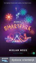 Couverture du livre 'Welkom in Smartpark' avec feux d'artifice et attraction de fête foraine.