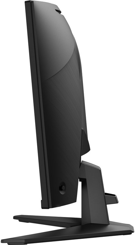Zijaanzicht van een zwarte gebogen MSI gaming monitor met een gestructureerde achterkant.