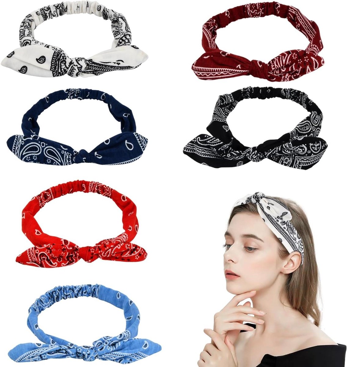 Cosensi - Set van 4 dames haarbanden in boho stijl met vintage print - Elastische bandana's voor dames - Multicolor yoga hoofdband met hazenoren