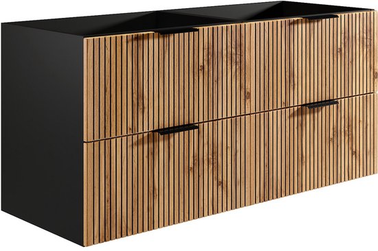 Meuble de salle de bain suspendu avec décoration nervurée en bois sur les portes et côtés noirs.