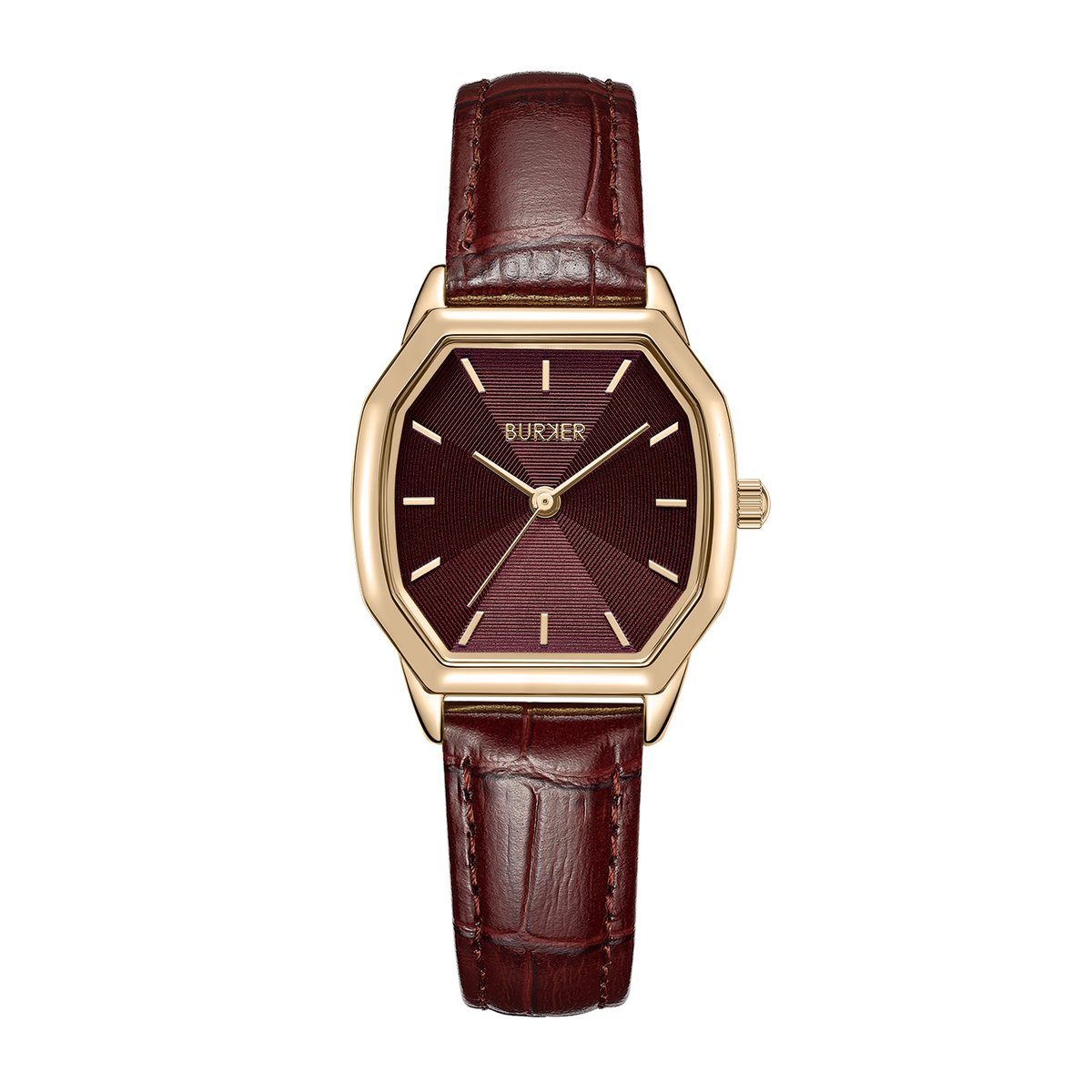 BURKER Julia Horloge Dames - Hexagon - Goud Burgundy - Leren Band - 32 mm