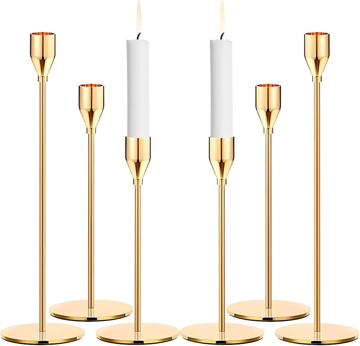 Stunq® Elegant Gouden Kaarsenstandaards – Set van Zes Variërende Hoogtes voor Verfijnde Ambiances