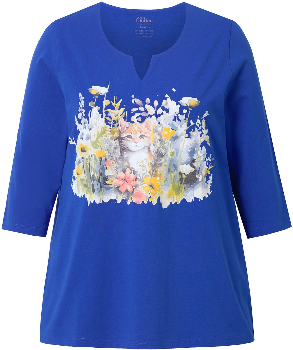 Ulla Popken - Dames - Shirt bloemen A-lijn tuniekhals 3/4-mouwen - Koningsblauw - Maat 58+