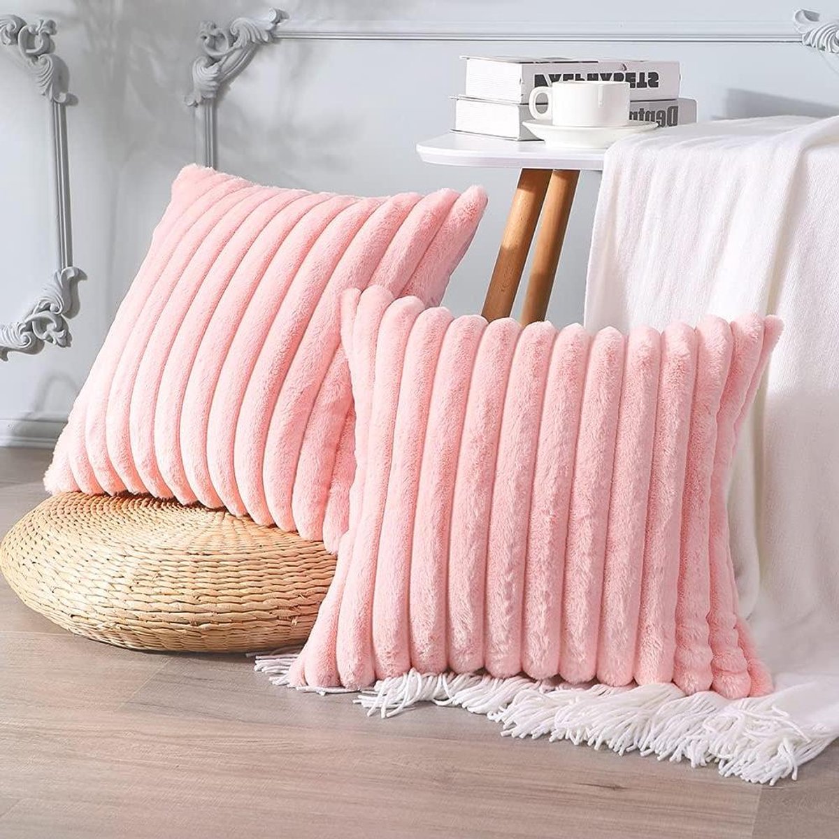 Cosensi Set van 2 fluwelen kussenslopen met zacht kunstbont - Decoratieve kussenhoezen voor bank, slaapkamer en auto - Roze - 60 x 60 cm Any