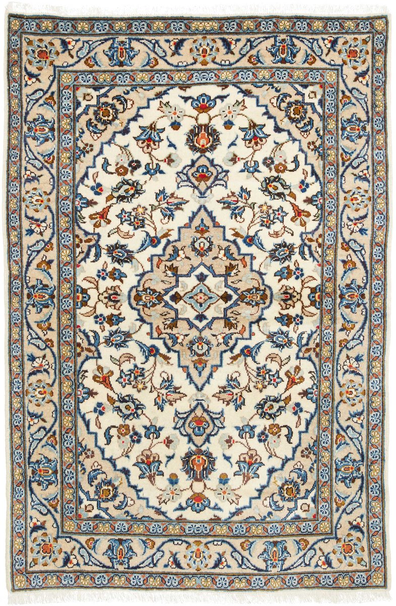 Handgeknoopt Keshan tapijt van wol – Ivoor met blauw bloemmedaillon – Klassiek Perzisch design