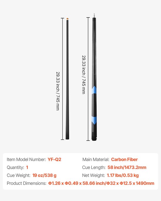 Biljartkeu - Koolstofvezel Poolkeu - 147,3 cm - 538 g - Geperste Bakelieten Tip - ABS Verbindingsring - Geschikt voor Pool & 9-Ball — afbeelding 3