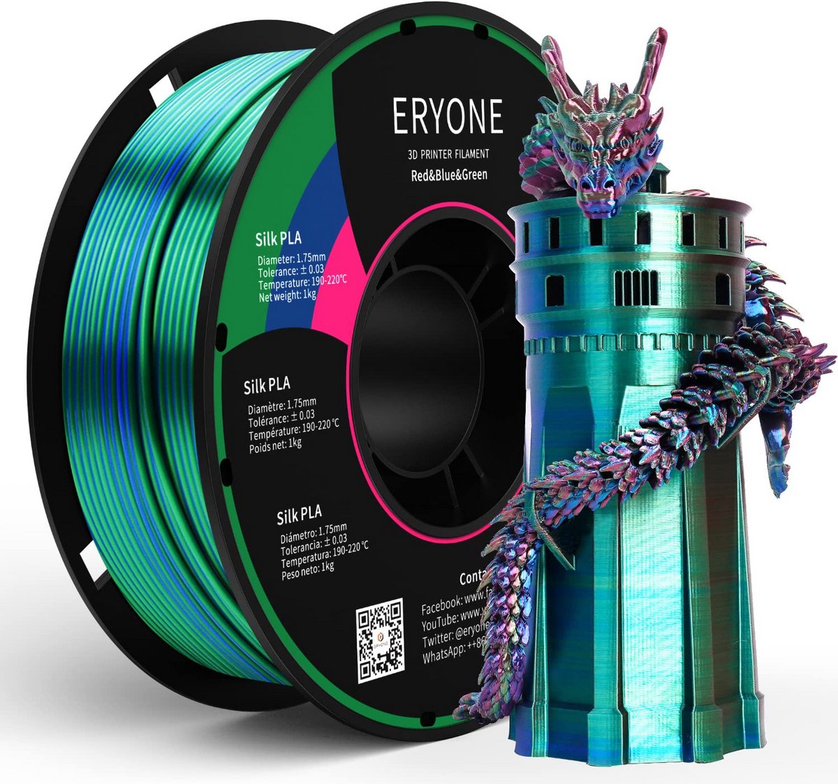 Zijde PLA Filament 1.75mm Tri-Color (Rood, Blauw, Groen) 1kg voor 3D Printer