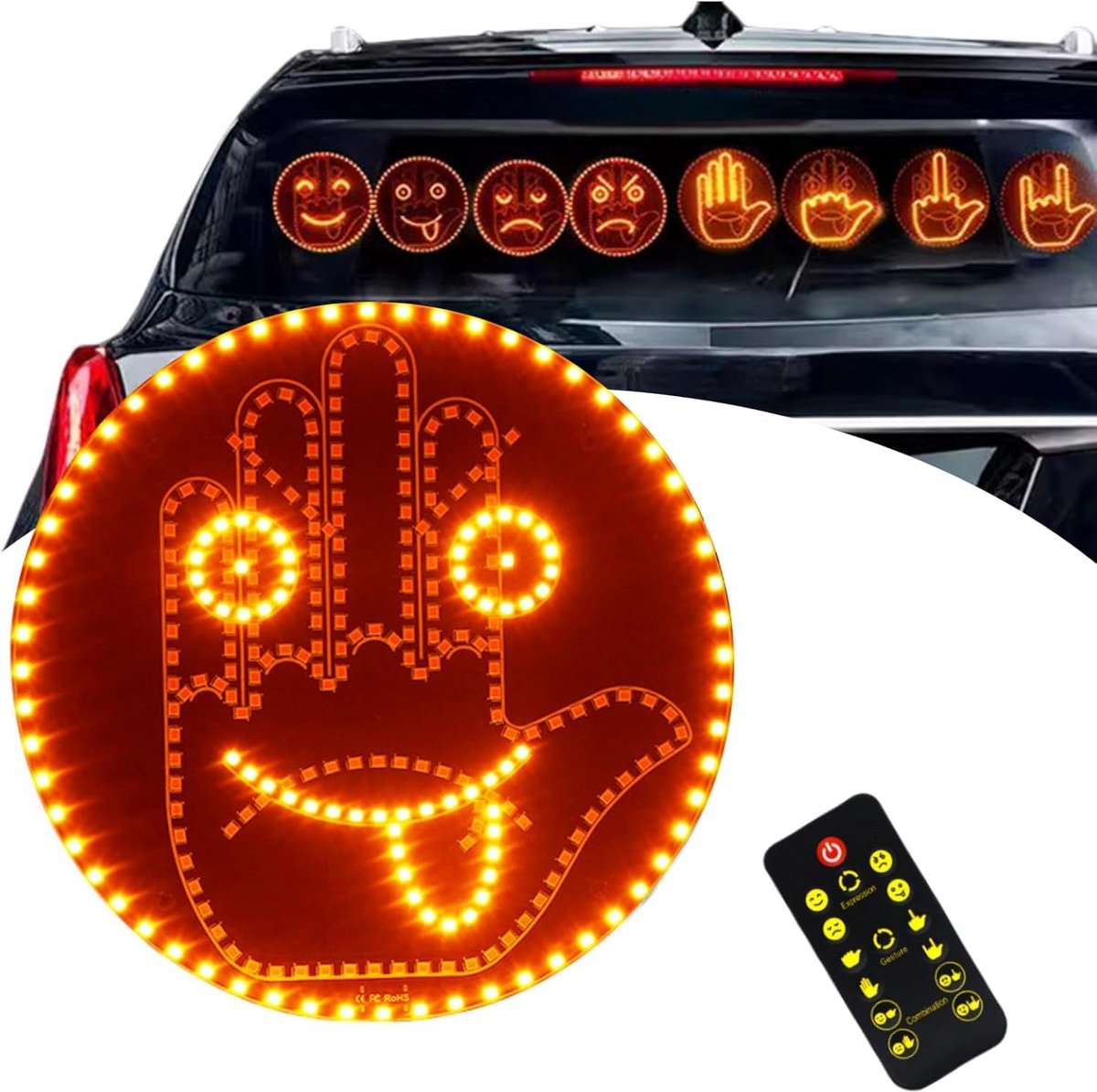 LED Vingerlicht met Glimlachend Gezicht en Afstandsbediening - Auto Raam Teken
