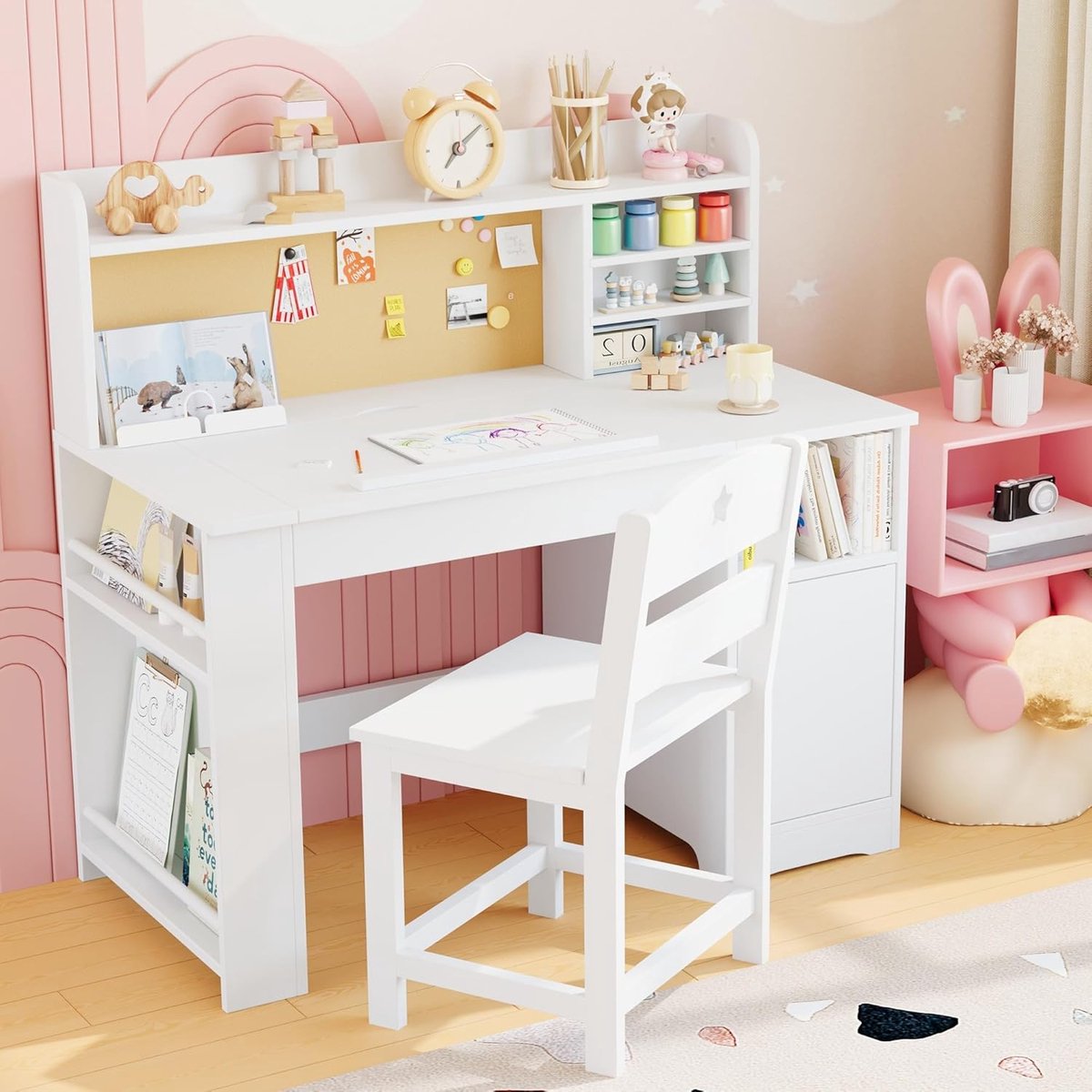 Kinderbureau en stoel set - 2-delig houten bureau met plank, kantelbaar blad (0–70°) en opbergruimte - voor kinderen van 3 tot 8 jaar - wit