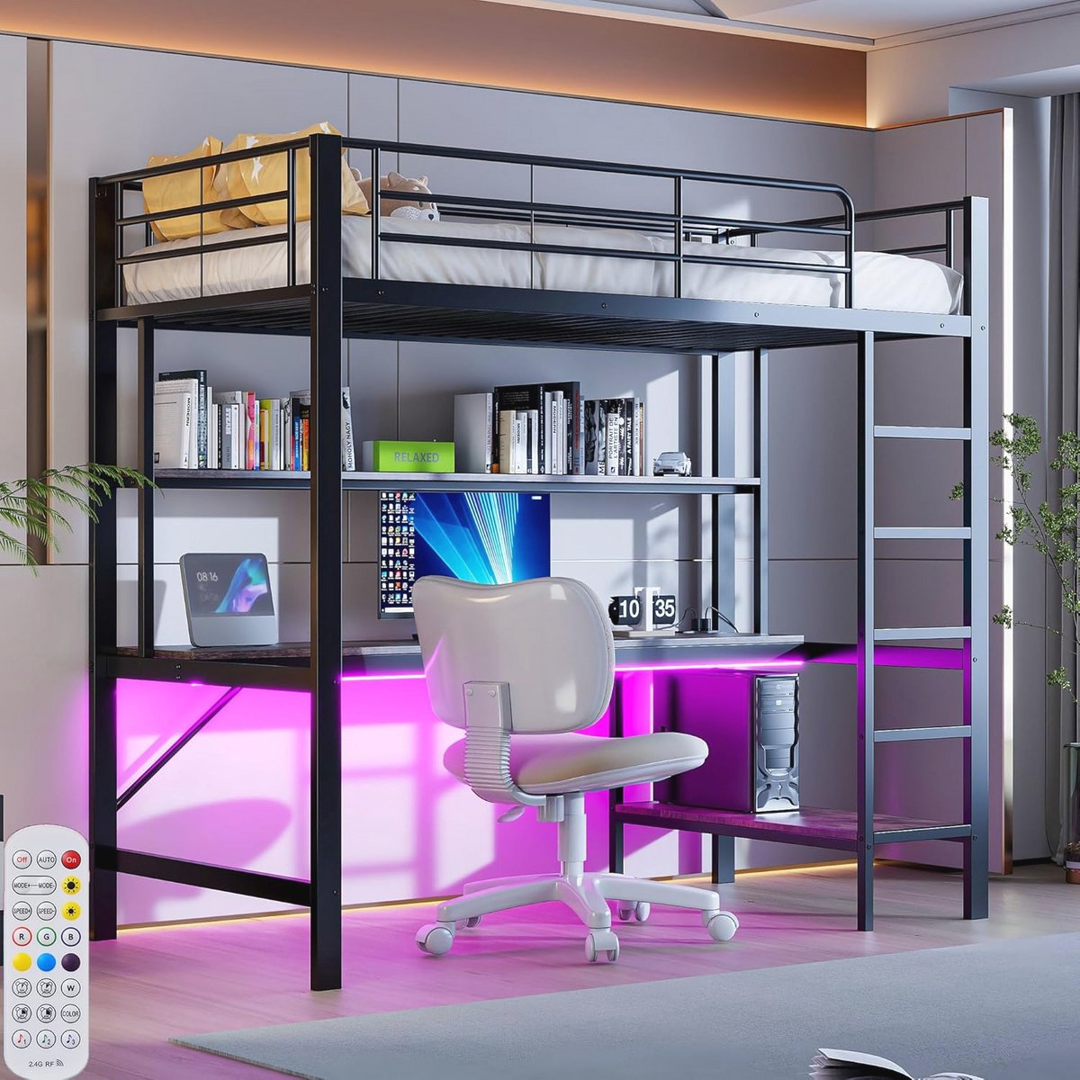 Hoogslaper 90 x 200 cm met bureau, USB-stopcontact en planken – Ideaal kinderbed