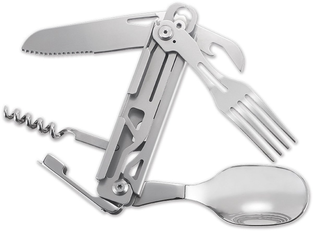 Outdoor kampeerbestekset - 5-in-1 multifunctioneel vouwmes en -vork - Draagbare roestvrijstalen bestekset - inclusief opbergtas