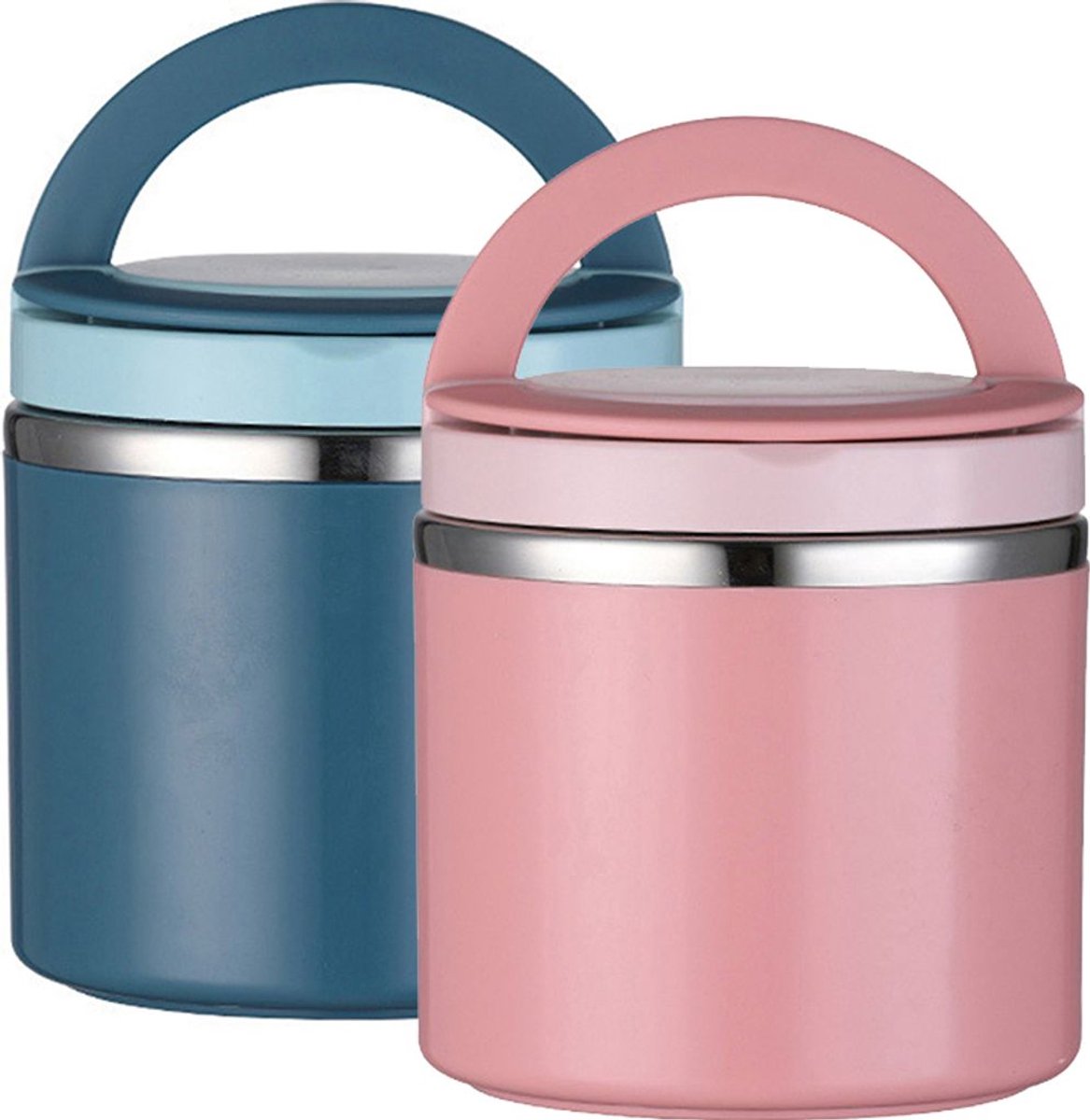 Twee roestvrijstalen voedselwarmers van 1000 ml voor lunchboxen, grote capaciteit, draagbare containers (blauw + roze).