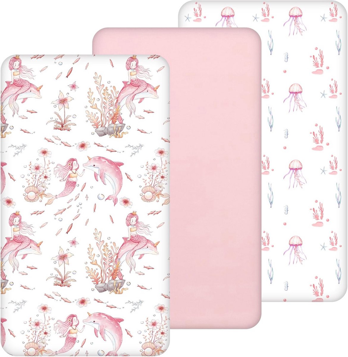 Hoeslaken 60 x 120 cm voor babybedden - Zacht en ademend microvezel - Set van 3 stuks - Roze zeemeermin