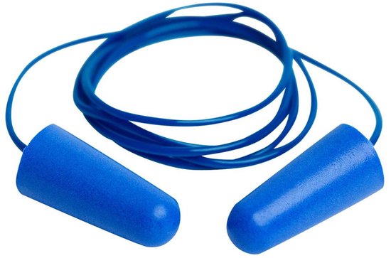 Twee blauwe oordopjes met een blauw koord.