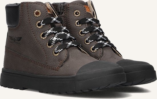 Donkerbruine leren jongens veterboots met zwart-witte veters, rits en rubberen neus.