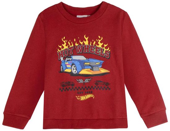 Rode sweater met opdruk van een blauwe Hot Wheels auto met vlammen en het logo.