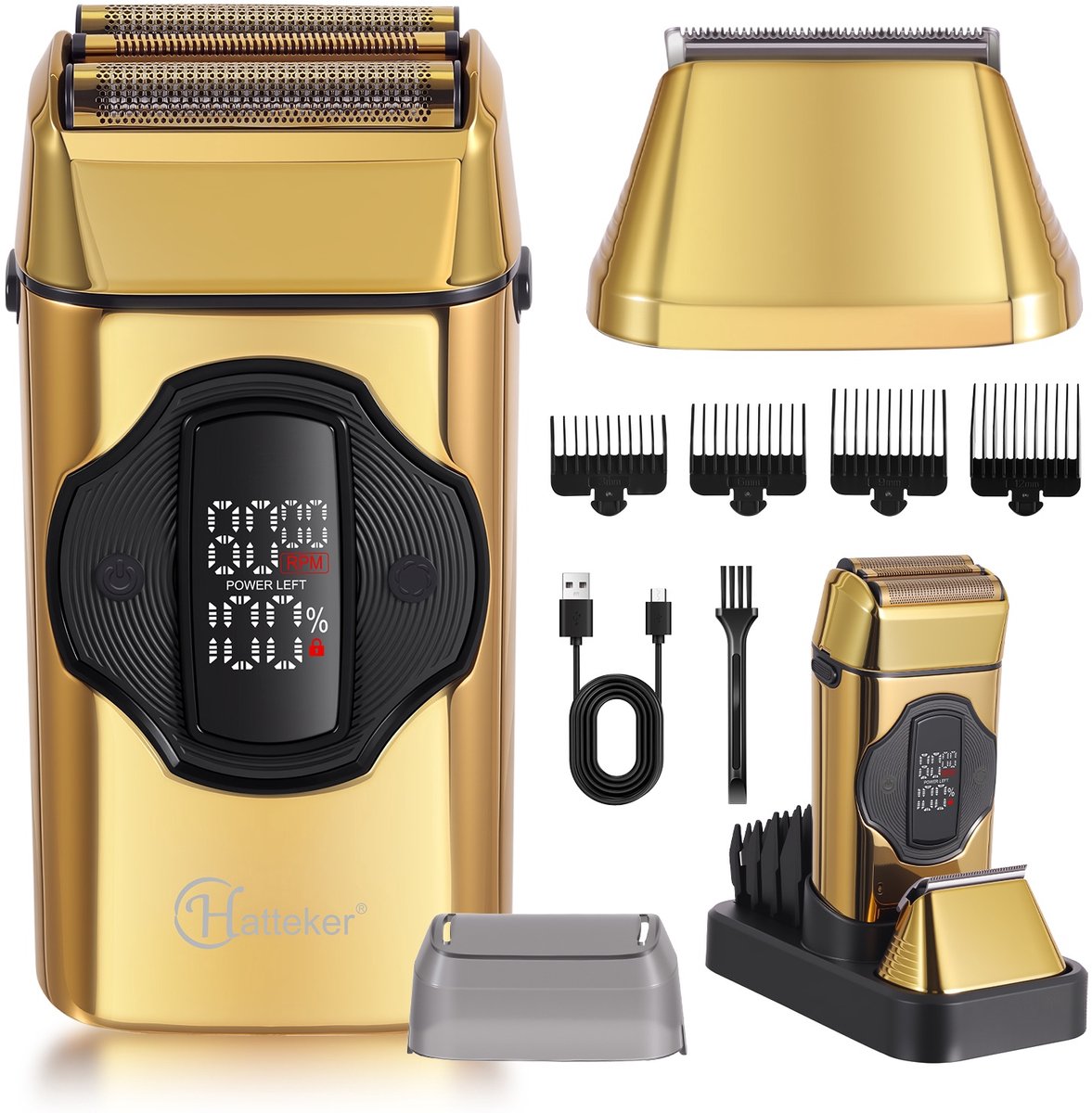 Hatteker Elektrisch Scheerapparaat voor Mannen – 2-in-1 Scheer- en Trimgapparaat – Tondeuse – Foliescheerapparaat met 3 Snelheidsstanden en Oplaadbasis – IPX7 Waterdicht – Magnetische Scheerkop – Goud