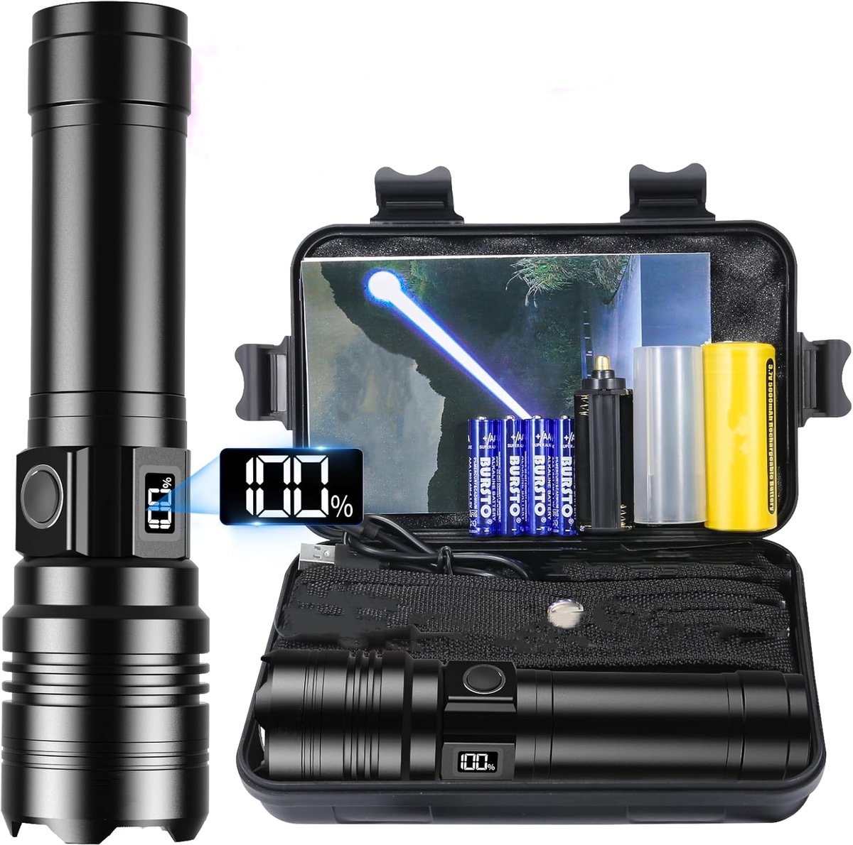Lzwintrading Zaklamp Led Oplaadbaar - Militaire Zaklamp - 5000LM - Inclusief 5000mAh Batterij en Opbergkoffer - USB-C Oplaadaport - 5 verlichtingsstanden - Waterproof IP67 - Geschikt voor buitenkamperen - Zaklamp op Batterijen