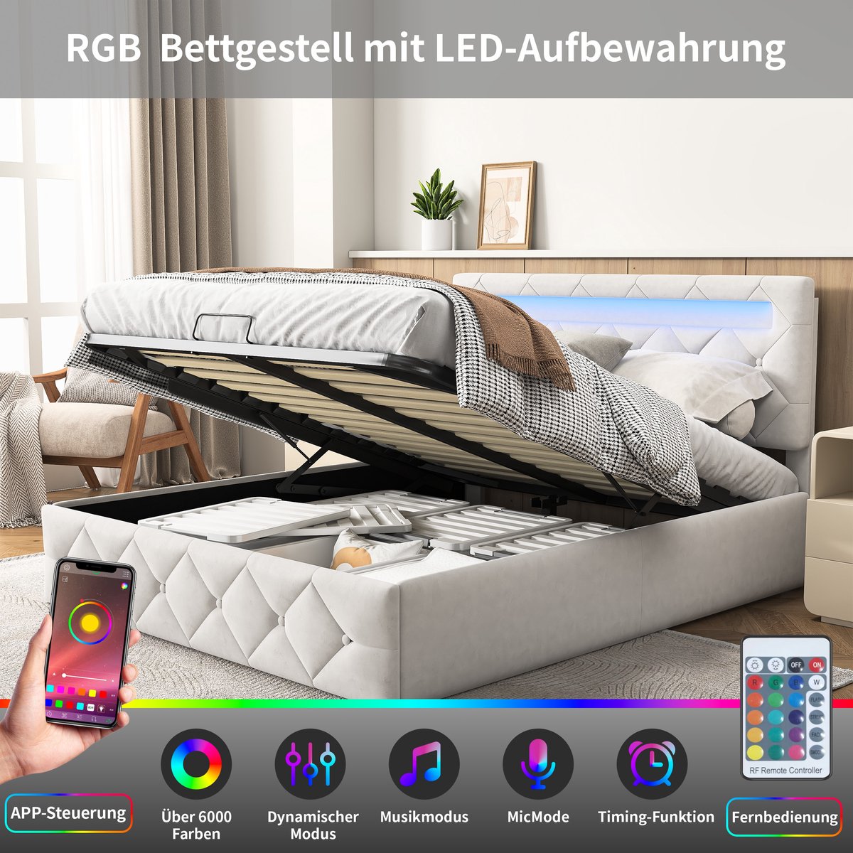 ROSAHQNDA Gestoffeerd tweepersoonsbed - 140 x 200 cm - Opbergbed met ledverlichting - Hydraulisch opbergbedframe - Verstelbaar hoofdeinde - Lattenbodem - Fluwelen stof - Beige (Verzonden in 2 pakketten)