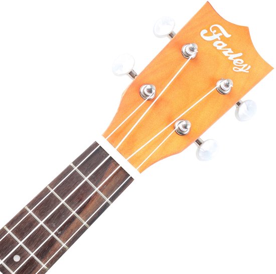 Oranje kop en nek van een Fazley ukelele met witte stemknoppen en de naam 'Fazley' erop.