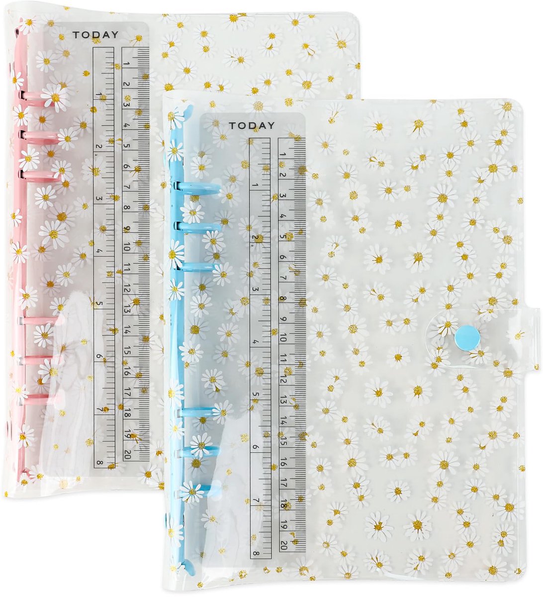Ynkkvre - Ringmap A5 voor notitieboek, transparante waterdichte pvc-hoezen, navulbaar - 6-rings - Met drukknoopsluiting - Madeliefje design - 23,5 x 17 cm-2 artikel