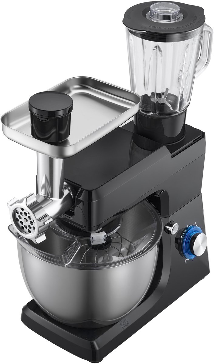 Elektrische Keukenmixer, 7,8 L Keukenmixer met 1500 W Motor, 6+P Snelheden, Kantelbaar Kopontwerp, Inclusief 1,5 L Blenderbeker, Roestvrijstalen Kom, Deeghaak, Garde en Klopper voor Bakken en Mixen, Zwart van Merkloos — afbeelding 2