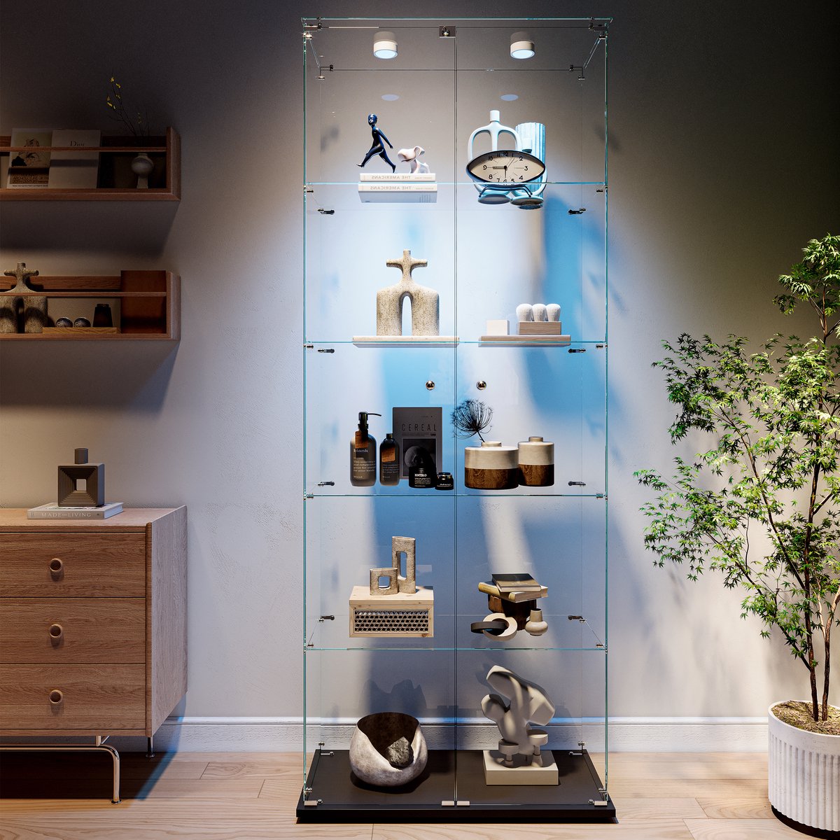 Glazen vitrine met LED - vitrinekast voor verzameling, 2 deuren, 5 planken in ESG-glas, voor slaapkamer, woonkamer en bar, 186 x 78,5 x 35 cm (zwart, knipperend)
