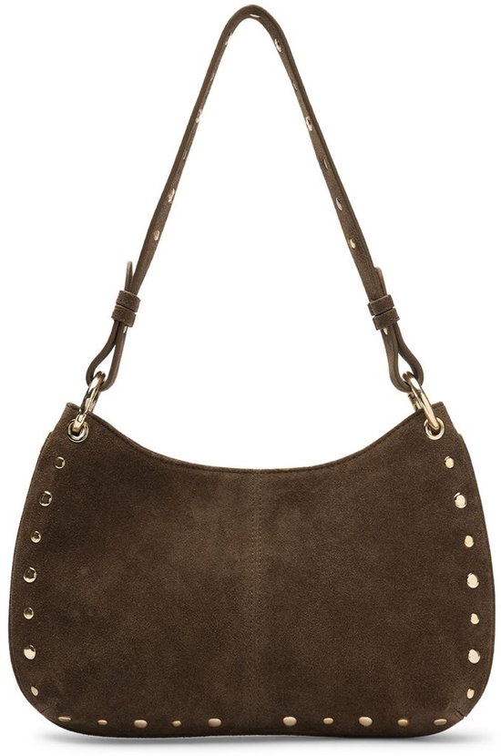 Manfield Donker Bruin Suède Schoudertasje Met Gouden Studs Met Ritssluiting - Maat Onesize