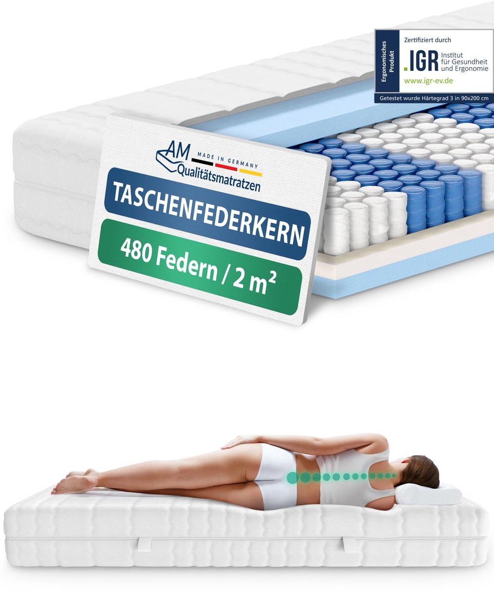 AM Qualitätsmatratzen - Ergonomisch 7-Zone Pocketveringmatras 150x190 cm - Zacht (H2) - 20cm - Matras met 7 ergonomisch ligzones - OEKO-TEX - 7-zone matras 150 x 190 cm - 480 veren