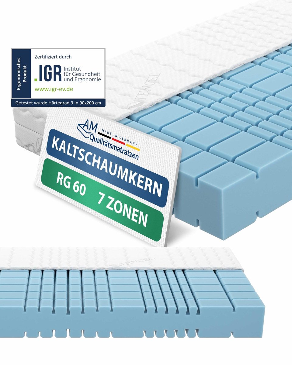 AM Qualitätsmatratzen Premium 7 zones koudschuimmatras 200x200 H2 Made in Germany OEKO TEX gecertificeerde koudschuimmatras 200x200 19 cm hoog ergonomisch matras 200x200 cm
