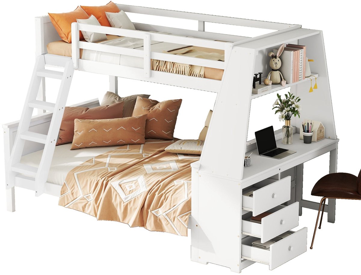 Merax Stapelbed 90x200 + 140x200 - Stapelbed voor Kinderen - Met bureau en boekenkast - 3 lades en opbergvak - Hoog valhek - Ladder links of rechts - Massief grenen en MDF - Wit - Zonder matrassen