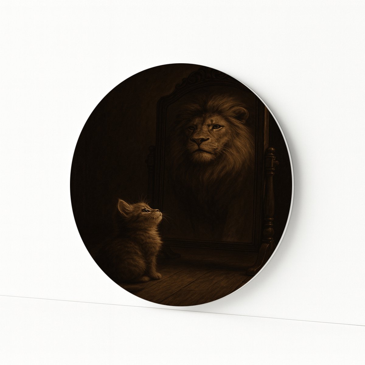 Kat en leeuw spiegel – rond wandpaneel – Forex muurcirkel – 100x100 cm