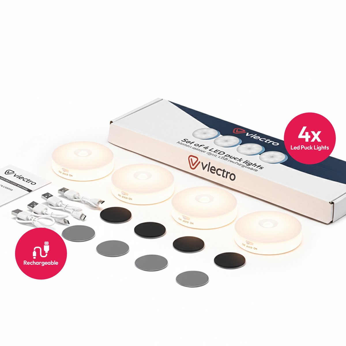 Set van 4 Draadloze LED Spots met Bewegingssensor – Oplaadbaar via USB-C – Warm Wit – Magneetmontage