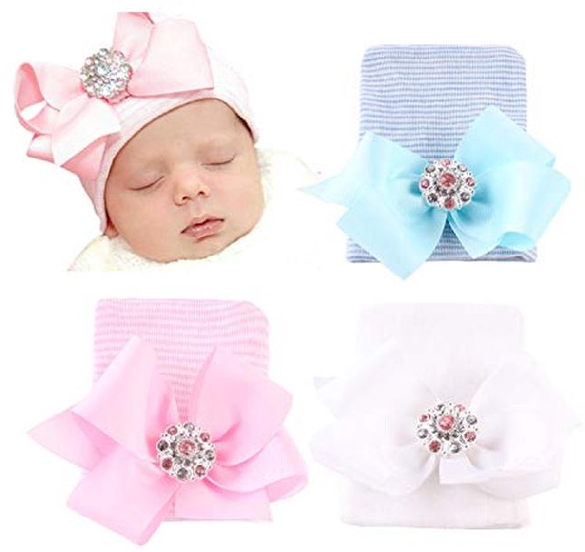 Pasgeboren Ziekenhuis Hoed voor Baby's - Set van 3 Met Grote Boog - Zachte en Leuke Beanie
