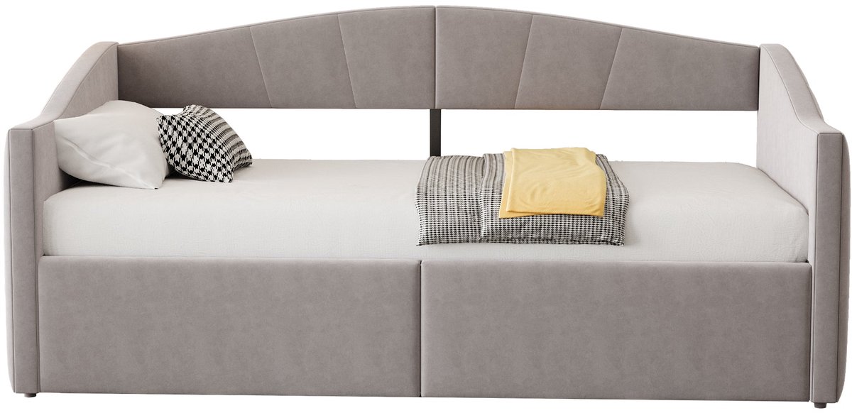 Merax Gestoffeerd Bed 90x200 cm - Slaapbank met hydraulische opbergruimte - Fluweel - Klassiek streeppatroon - Armleuningen en rugleuning - Houten lattenbodem - Lichtgrijs - Zonder matras