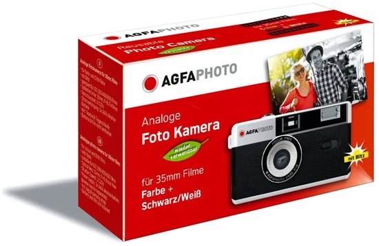 Verpakking van de AgfaPhoto analoge foto camera voor 35mm film.