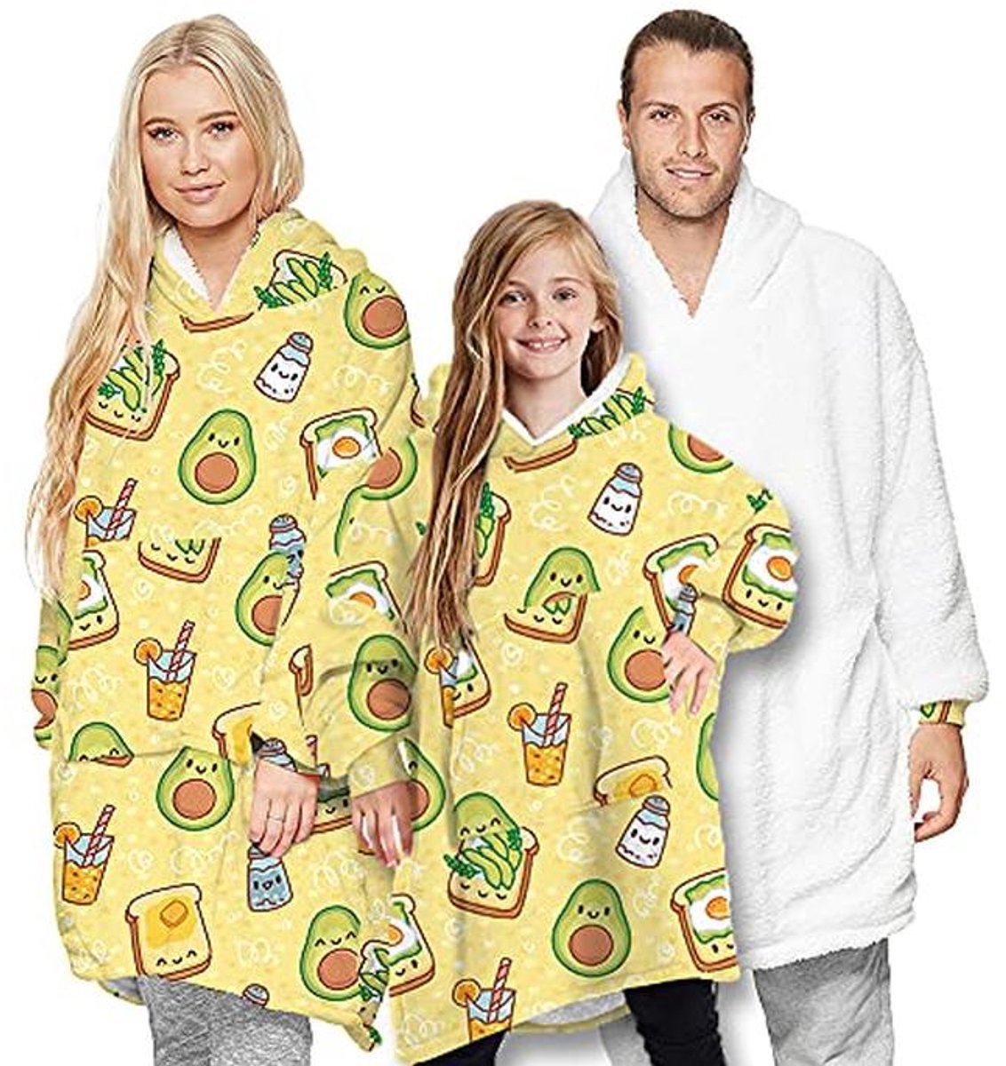 Fleece Hoodie Deken Oversized Katoenen Pluche Top voor Volwassenen en Kinderen in Avocado Geel
