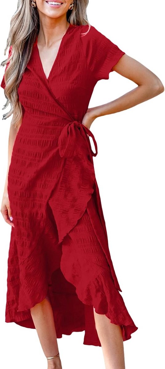 Zomer Maxi Wrap Dress voor Vrouwen met Slit en Flared Sleeves - V-hals Ruffle Strandjurk
