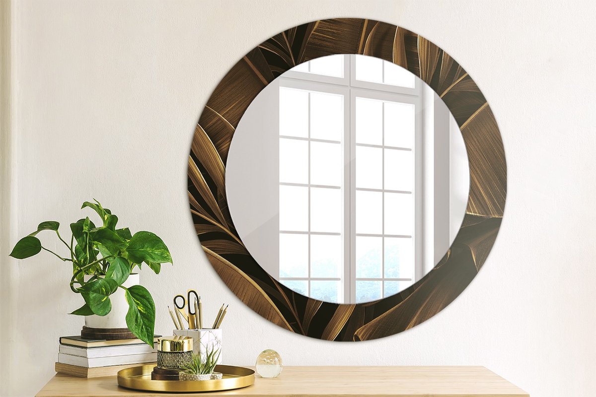 Coloray Bedrukte Spiegel - Bruine bananenbladeren Wandspiegel Decoratieve Print - 60 cm - Bruin Bedrukte Spiegel - Wandspiegel Decoratieve Print - Bedrukte Spiegel - Spiegel Met Bedrukte Lijst