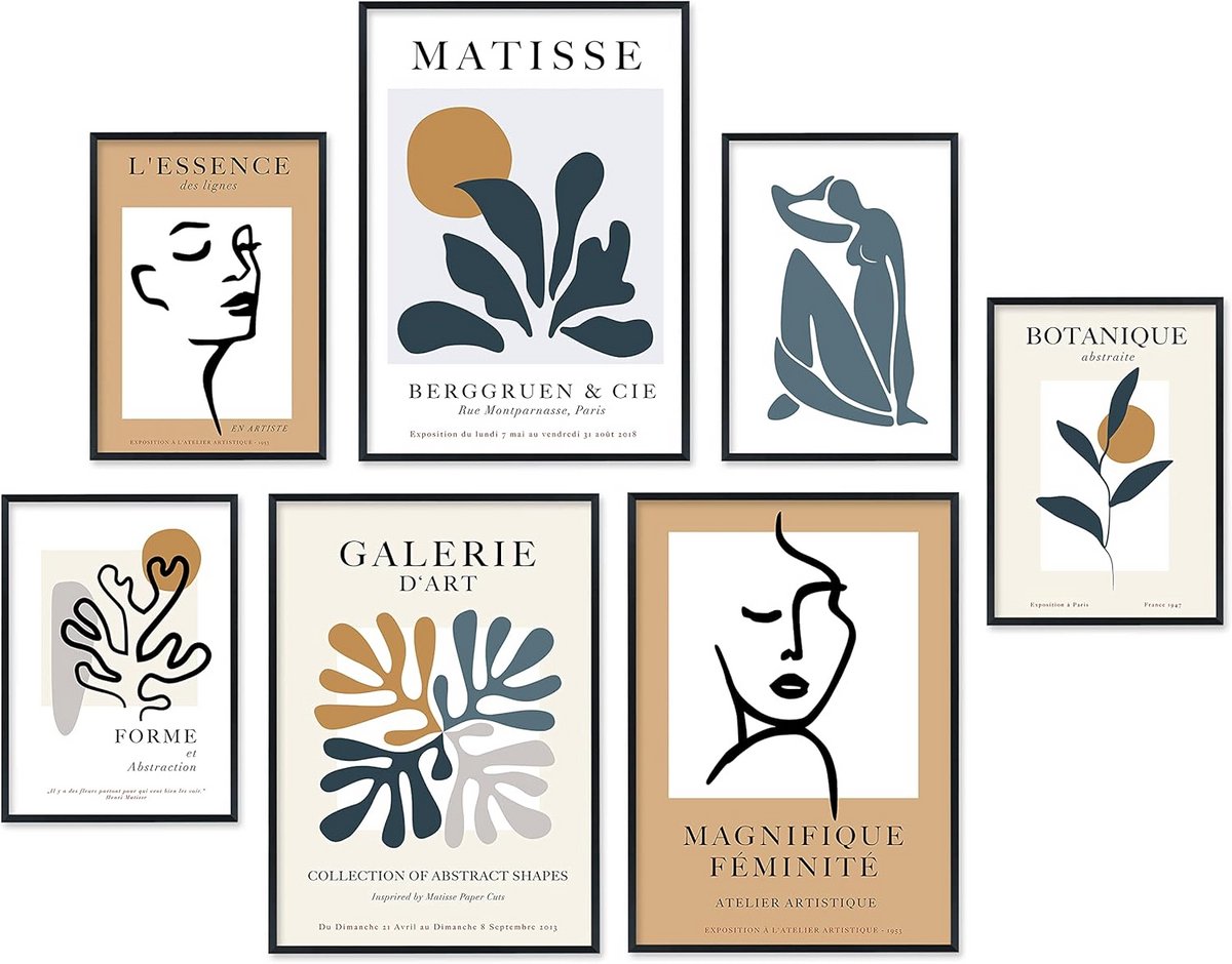 Poster Set - Muurdecoratie Set - Woonkamer Aankleden - 7 Harmonische Afbeeldingen - 42x30cm - Zwart