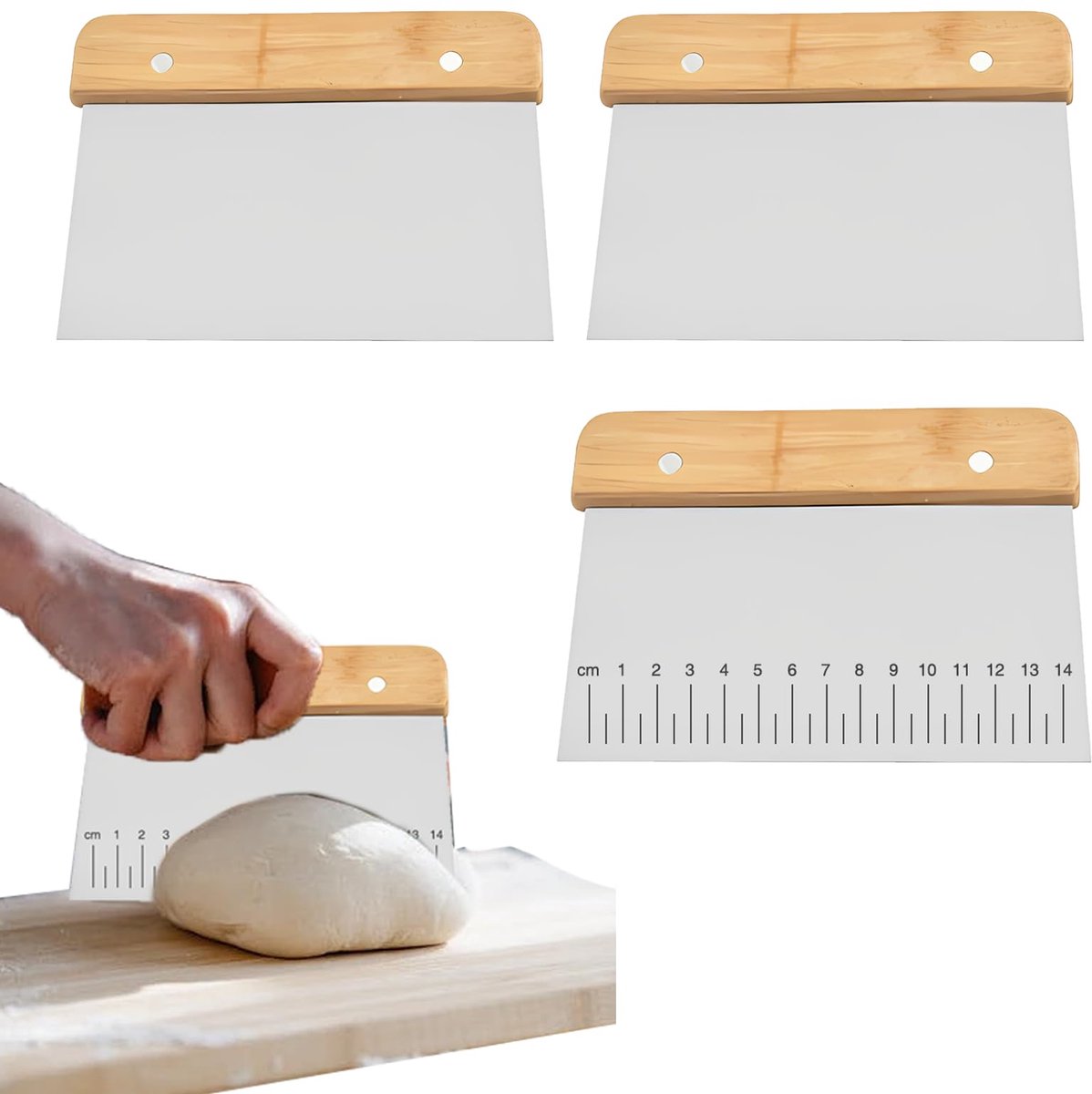 Unyqoos® Set van drie roestvrijstalen deegsnijders met ergonomisch houten handvat