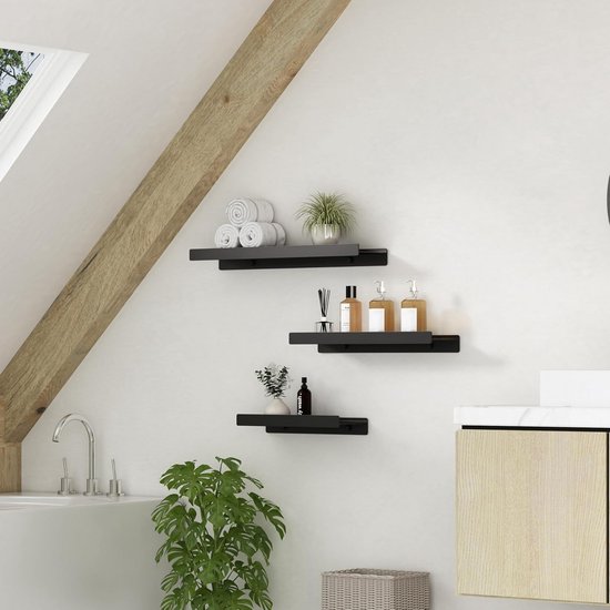 BAMEOS Zwevende planken, zwarte houten wandplanken met onzichtbare houders, set van 2, hangende wandplanken als decoratie voor slaapkamer, badkamer, woonkamer en keuken BAMEOS Zwevende planken, zwarte houten wandplanken met onzichtbare houders, set van 2, hangende wandplanken als decoratie voor slaapkamer, badkamer, woonkamer en keuken