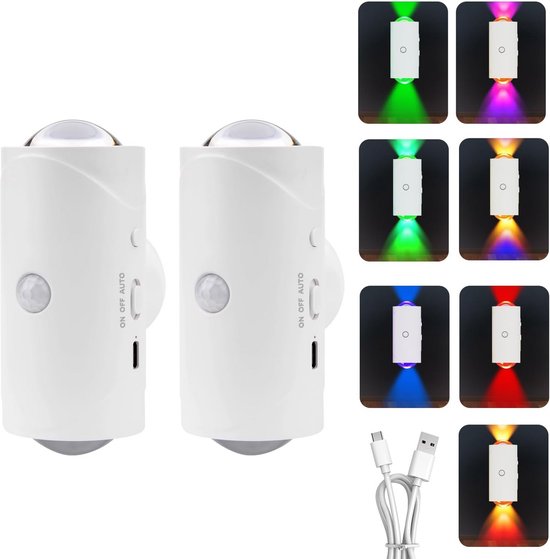 HOTUT Led-nachtlampje met bewegingssensor, 2 Stuks nachtlampje op batterij, auto on/off, kastverlichting, Nachtlampje om op te Plakken met schemersensor voor Trap, Hal, Slaapkamer, Keuken, Kast