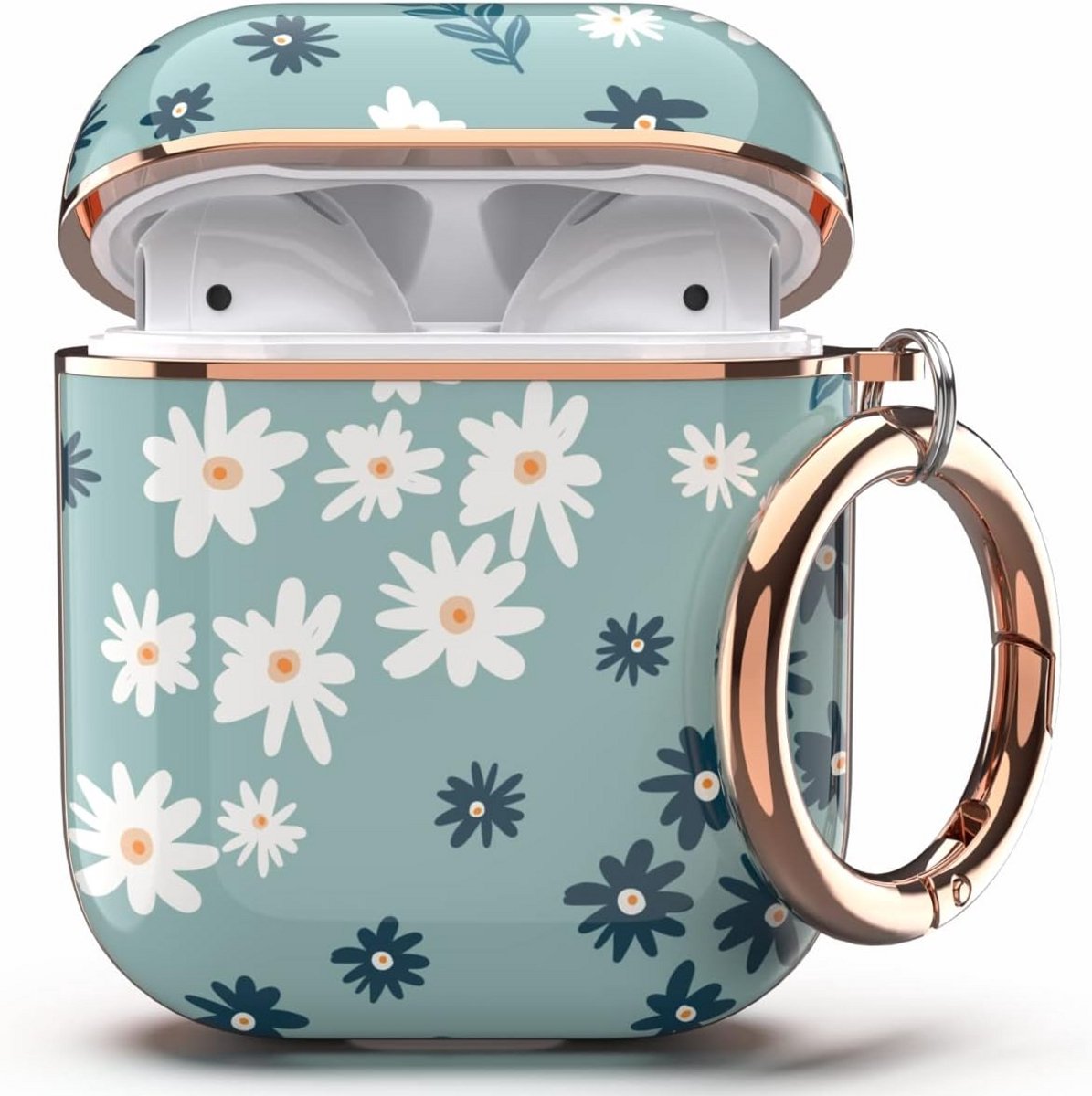 Hoesje voor AirPods 1 & 2, Stijlvolle Beschermhoes met Bloemenprint en Clip - Cyaan