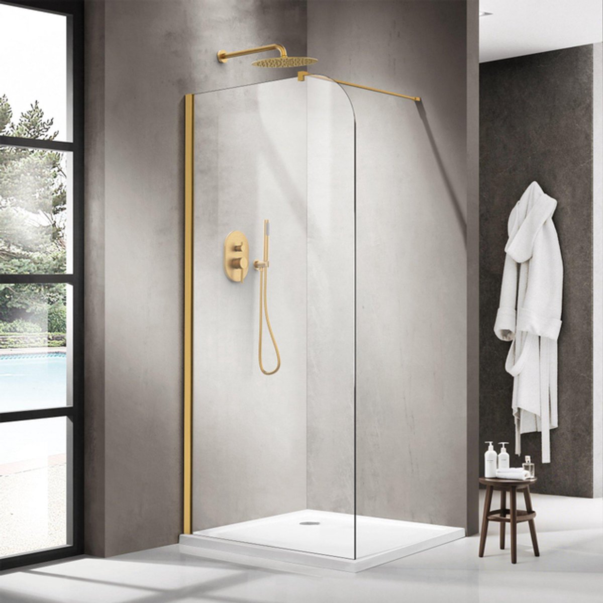 FugaFlow Eccelente Vetro Inloopdouche - 100x200cm - afgeronde glaswand - helder glas - wandarm - geborsteld messing PVD (Goud)