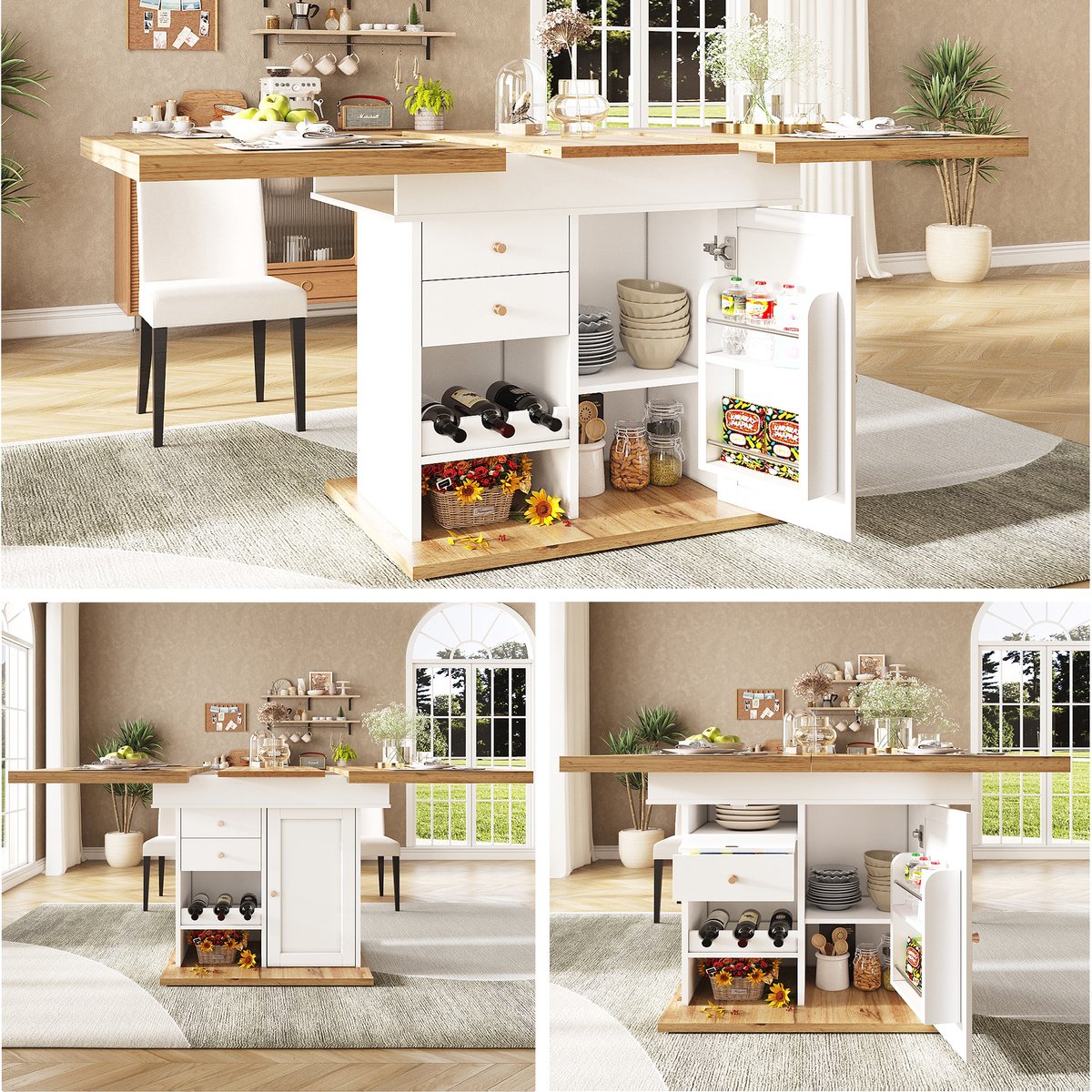 Merax Uitschuifbare eettafel 110-140x80x75 cm - keukentafel - voor 4-6 personen - voor keuken en woonkamer - met snackrek en wijnrek - wit