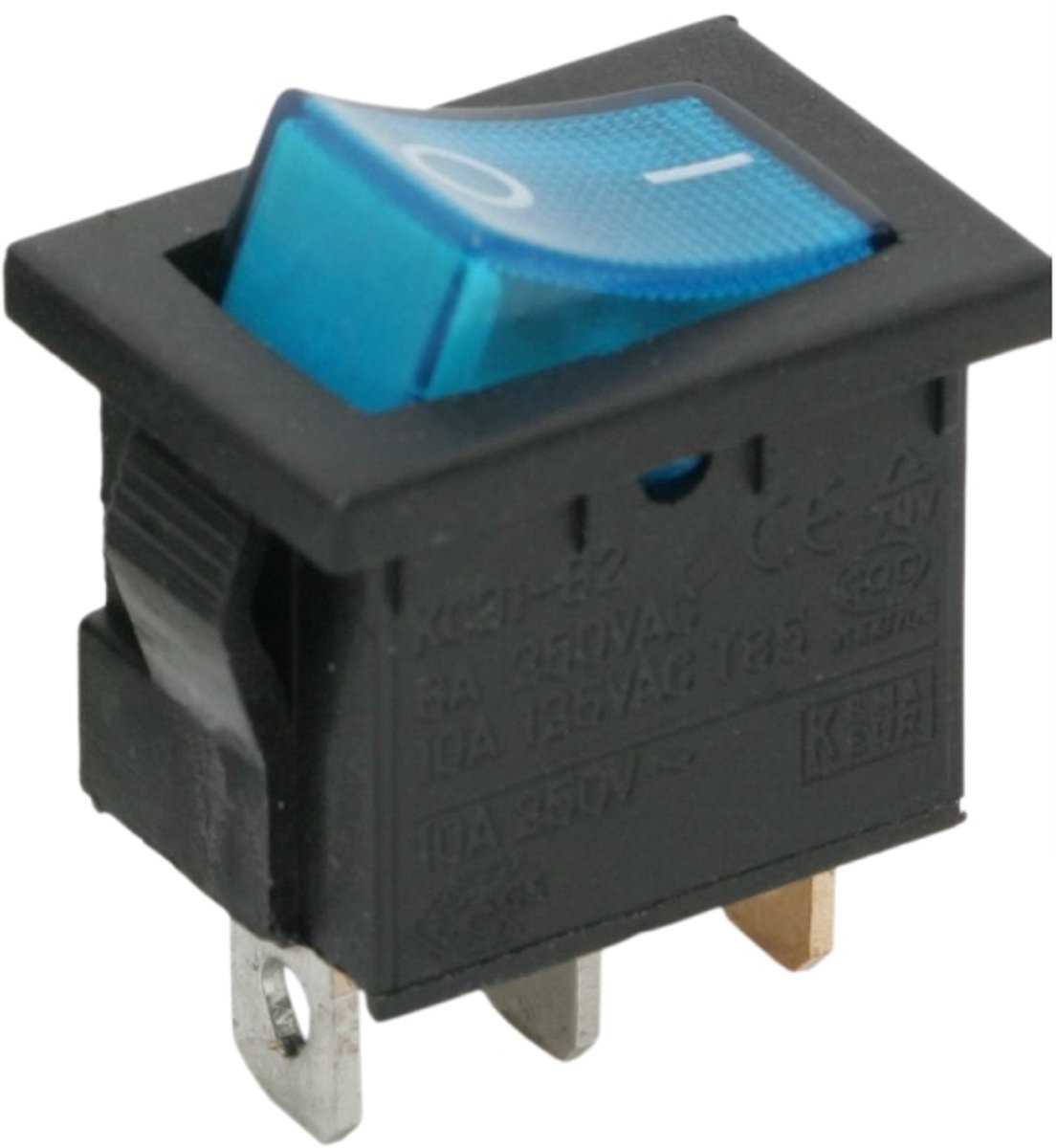 5x Verlichte Tuimelschakelaar Zwart Met Blauwe LED – Inbouw Rocker Switch OFF/ON 250V 6A – Enkelpolige SPST Schakelaar Met I-O Symbool – Geschikt Voor Machines En Elektrische Apparatuur – Verkoopeenheid 5 Stuks [09019KE]