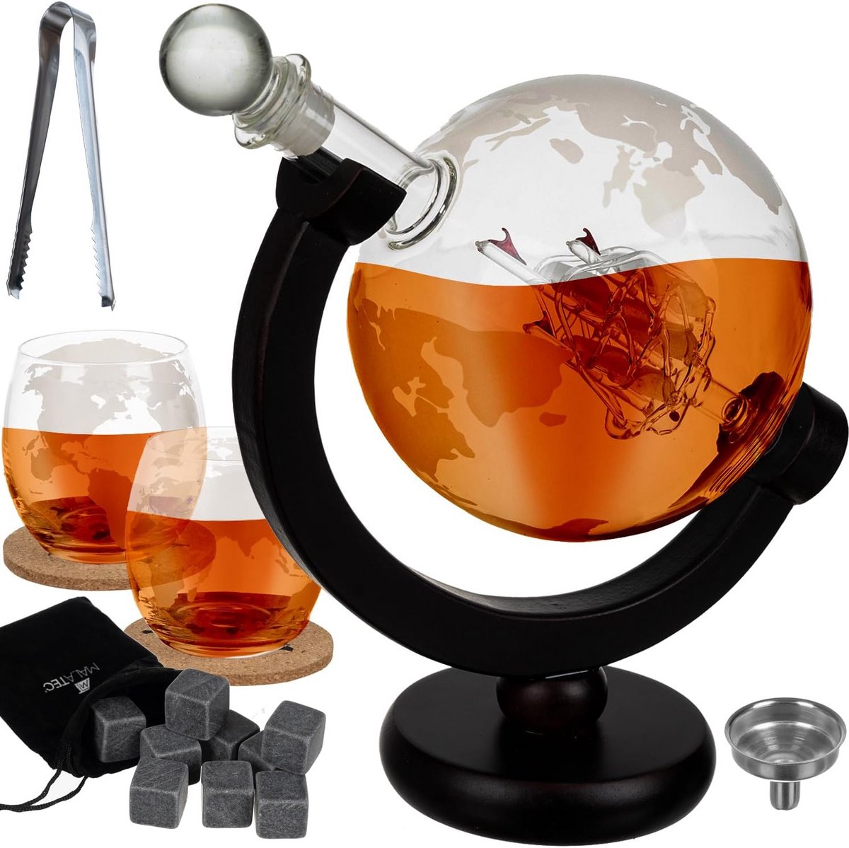 Whiskykaraf Wereldbol Geschenkset met Glazen en Koelstenen